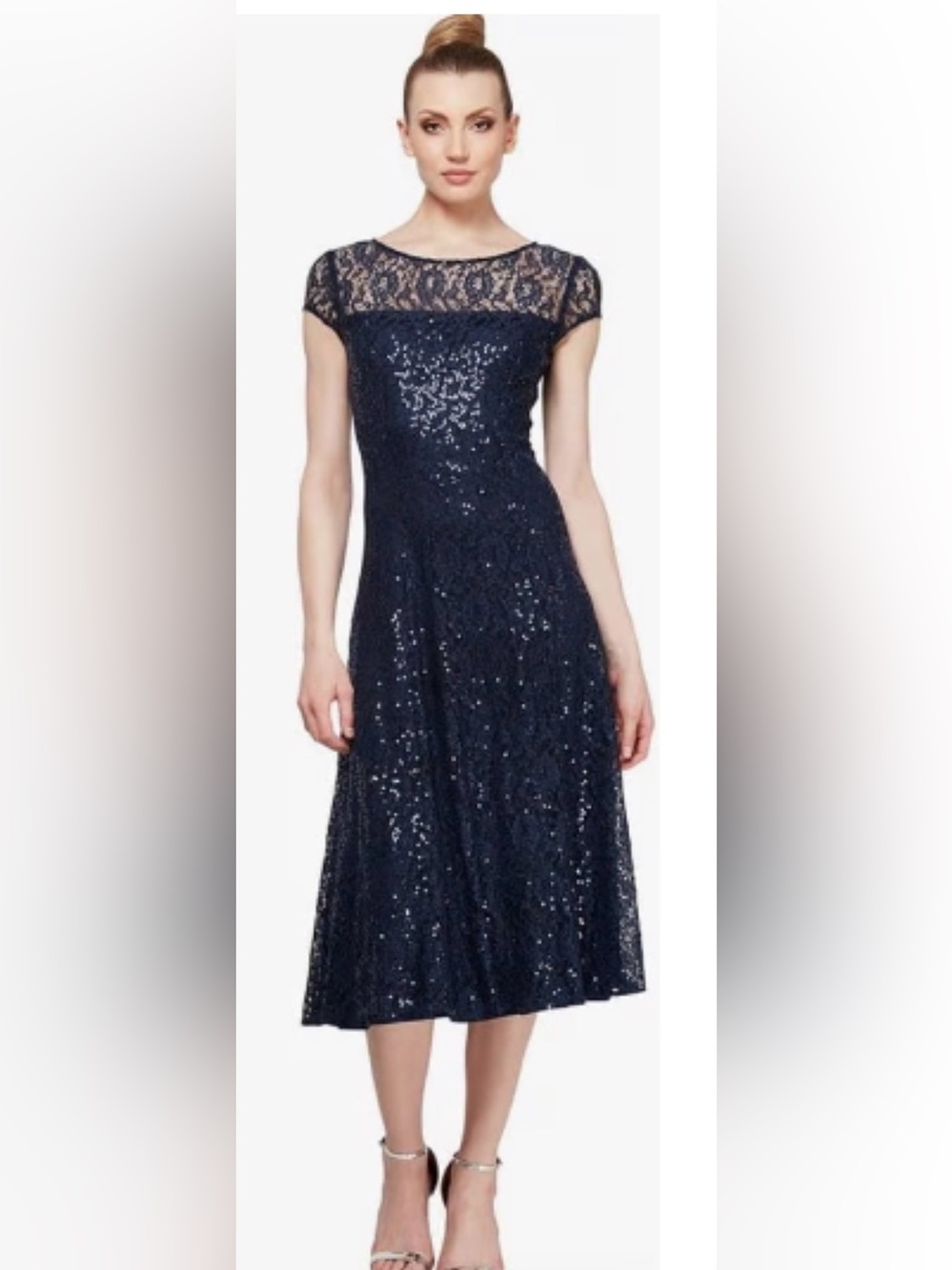 SLNY Navy Sequin Lace Midi Dress Sz 4 Cocktail evening